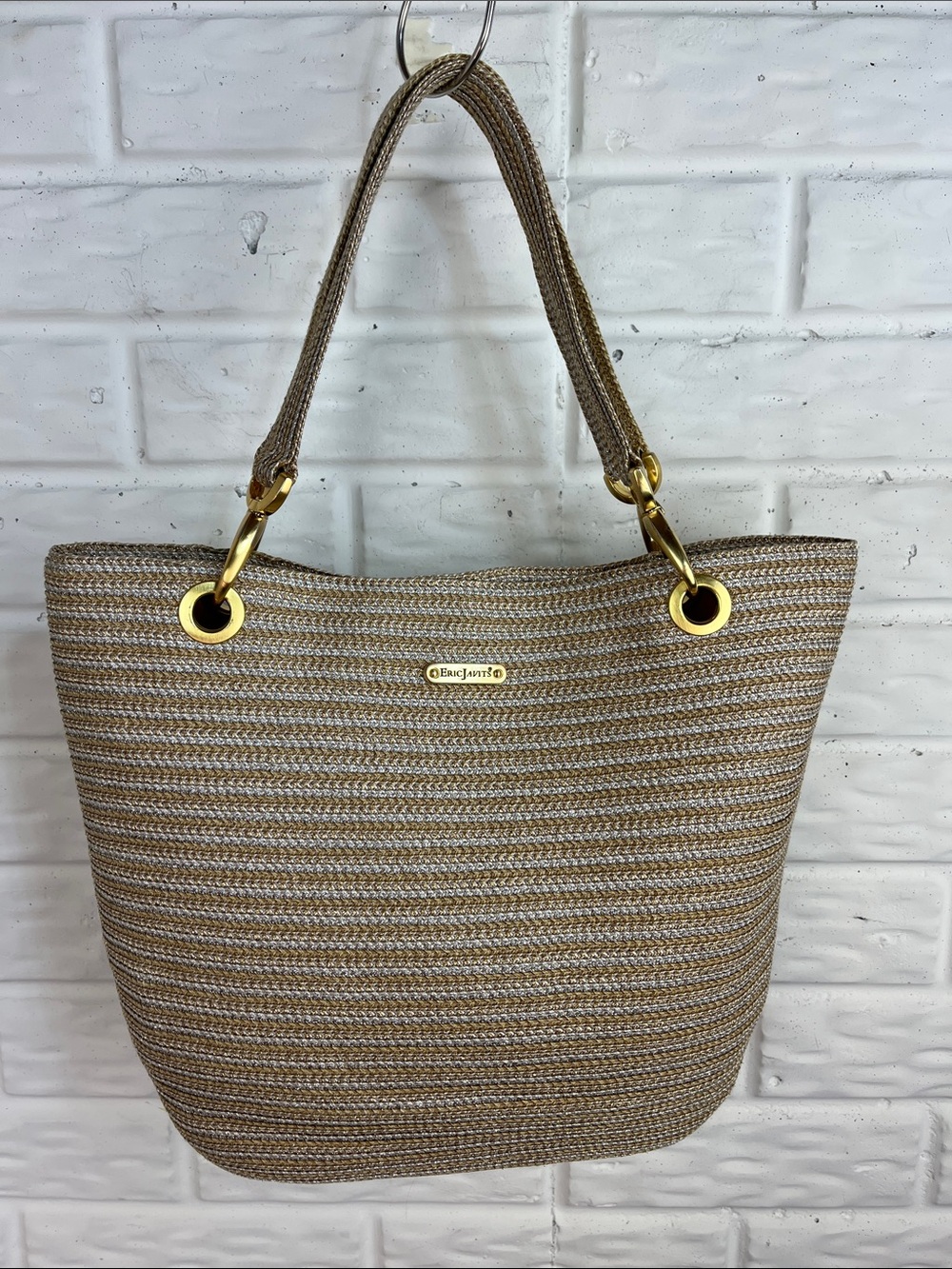 ERIC JAVITS SQUISHEE SHOULDER TOTE BAG METALLIC WOVEN WIRH BRUSHED GOLD HARDWARE